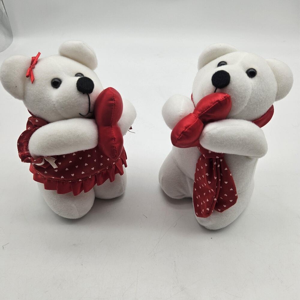 Avon White Valentine Teddy Bears Plush‎ Stuffed Toy Lot 2 Small Hearts Decor
